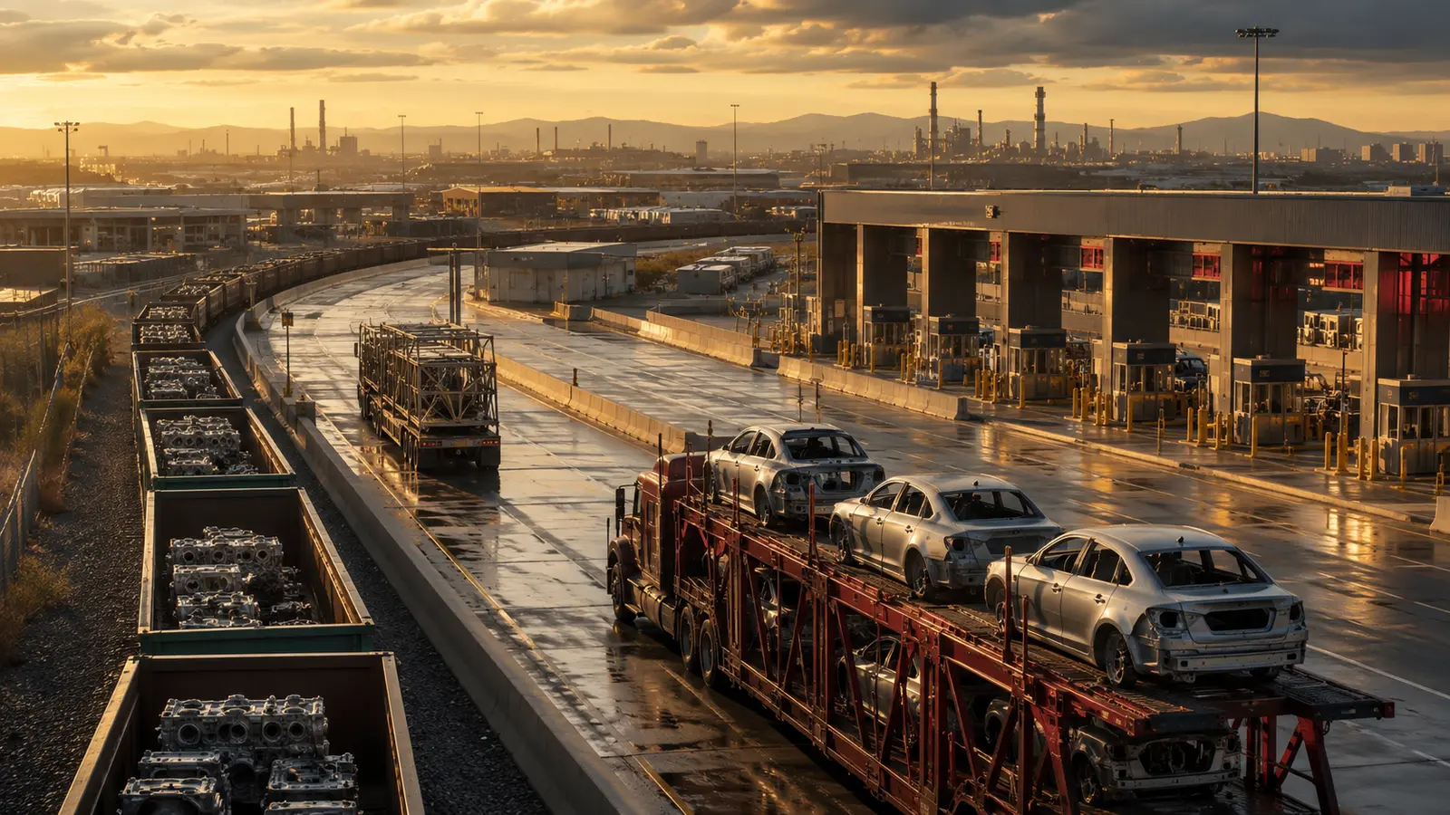 Terminal logística automotriz conceptual con vehículos y autopartes en tránsito entre México y Estados Unidos.