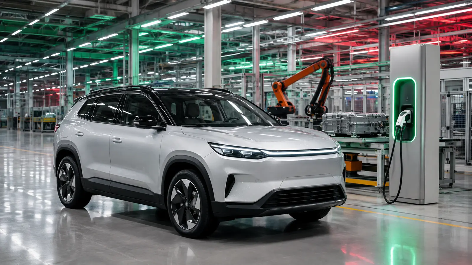 SUV eléctrico compacto conceptual dentro de una planta automotriz moderna en México.