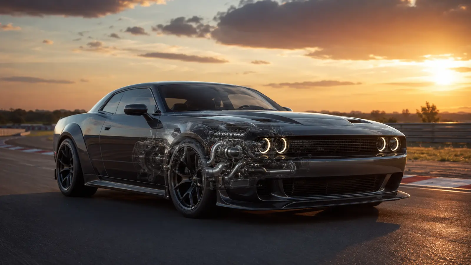 Muscle car conceptual de seis cilindros biturbo en un circuito cerrado al atardecer.