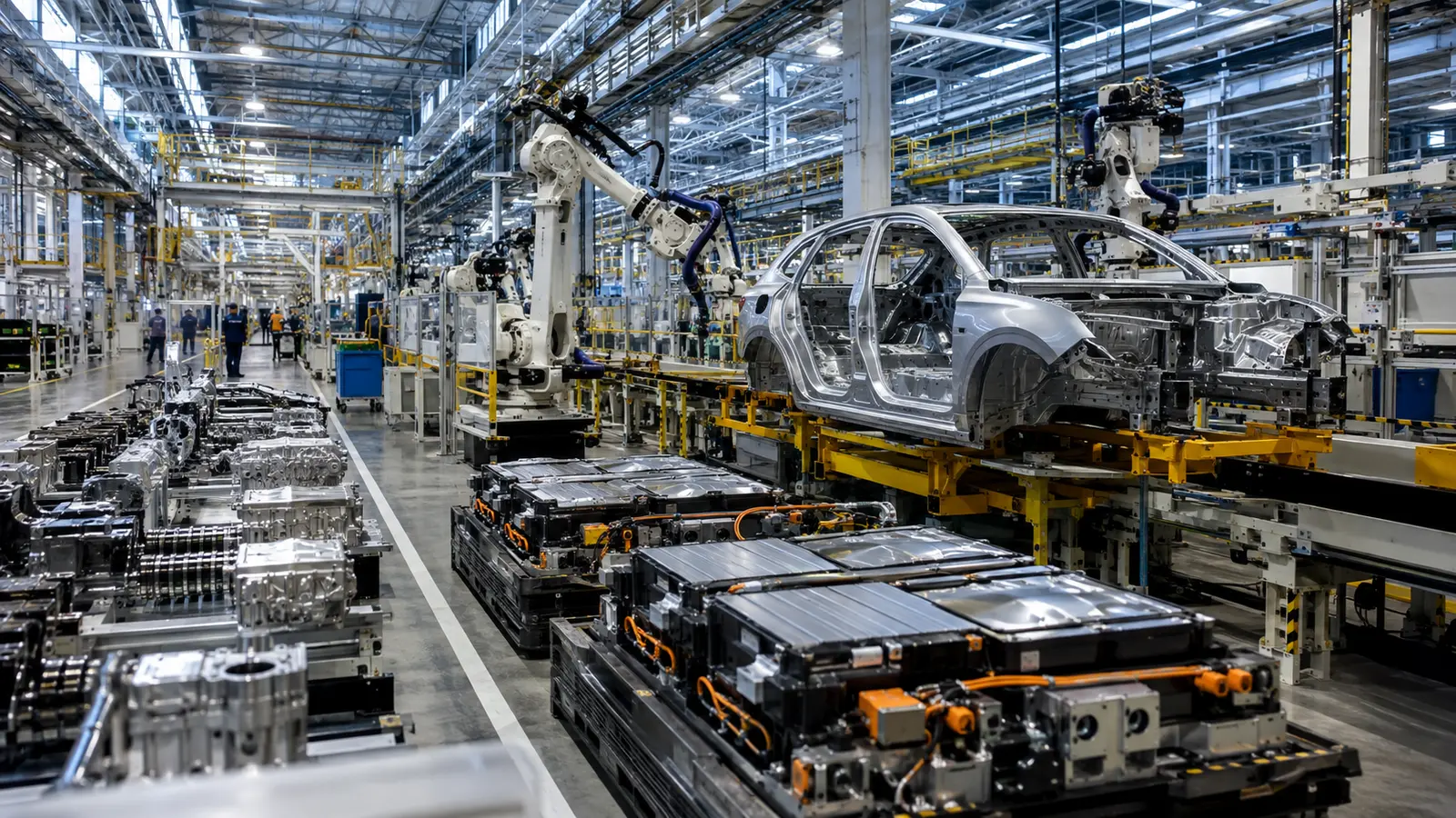 Planta automotriz conceptual en México con carrocerías, baterías y robots de ensamble.