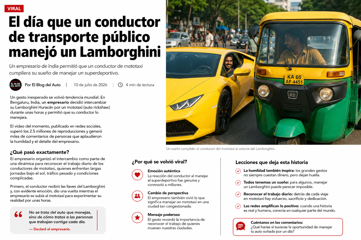 Empresario presta su Lamborghini a un conductor de mototaxi y el video conquista internet